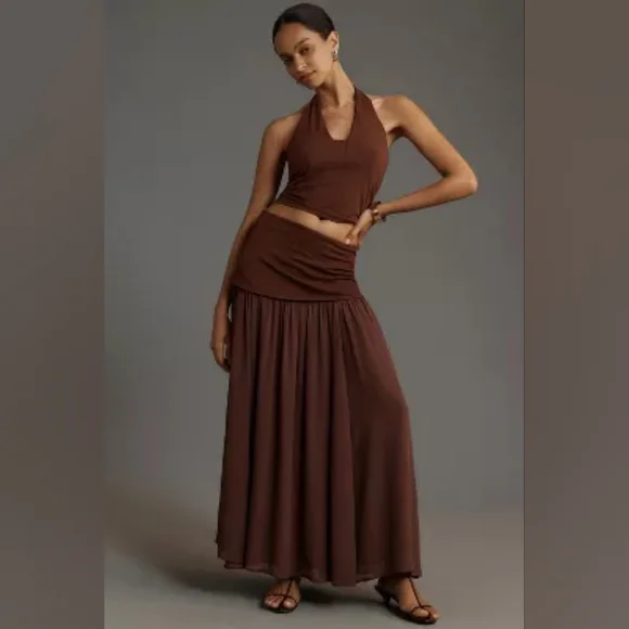Anthropologie Dropped Yoke-Waist Maxi Skirt Cocoa Brown Sheer Layer Lined - Picture 2 of 7